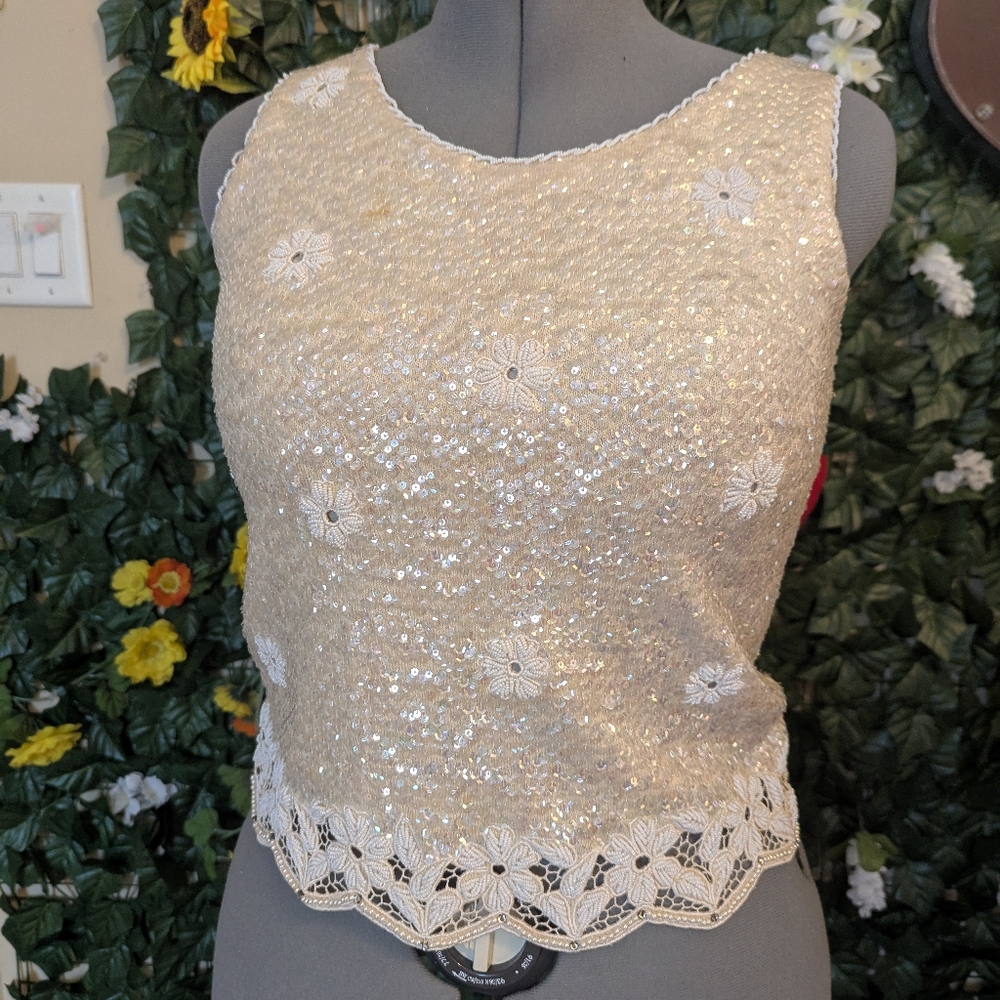 VTG 1960s Sequin Bead Cream Floral Blouse